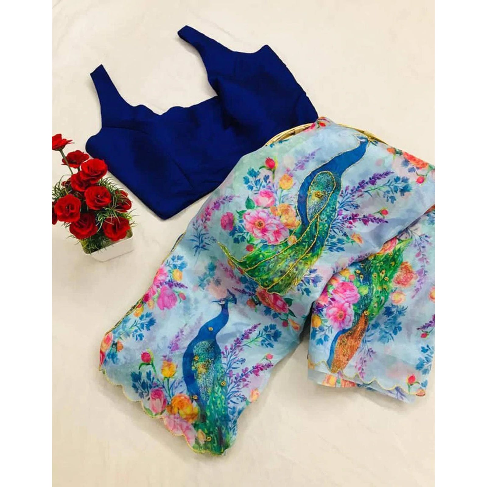 Organza Silk Digital Print Saree with Blouse for Wedding and Party ClothsVilla
