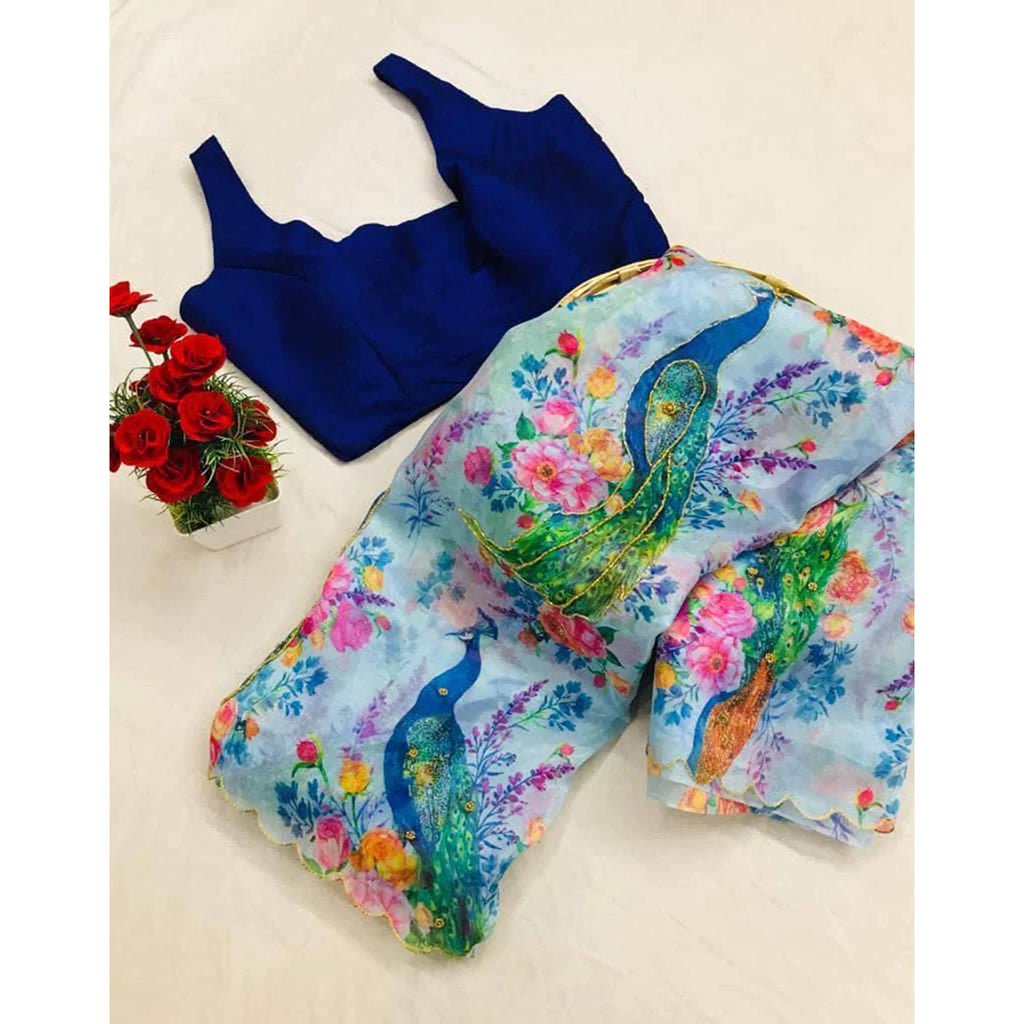 Organza Silk Digital Print Saree with Blouse for Wedding and Party ClothsVilla