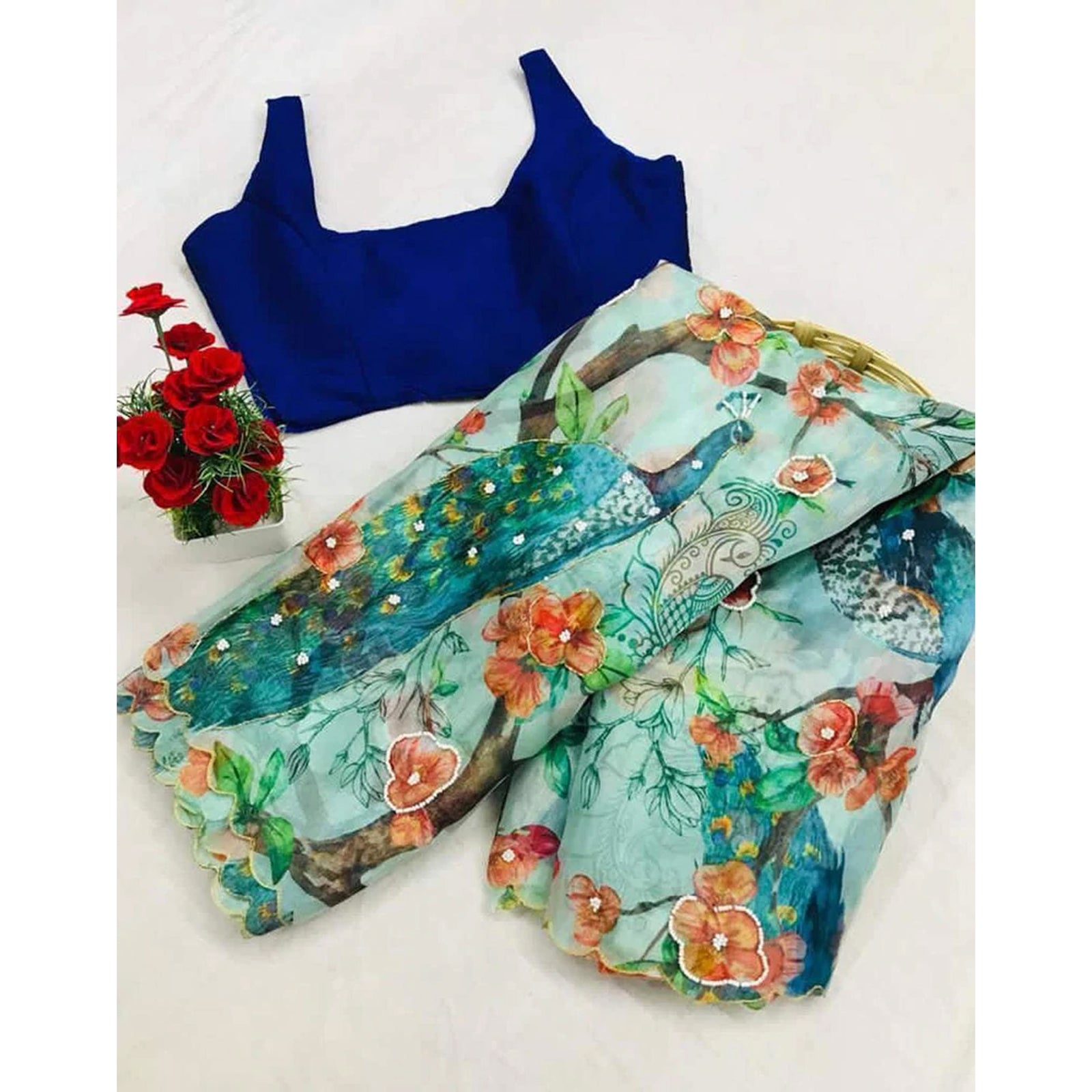 Organza Silk Digital Print Saree with Blouse for Wedding and Party ClothsVilla