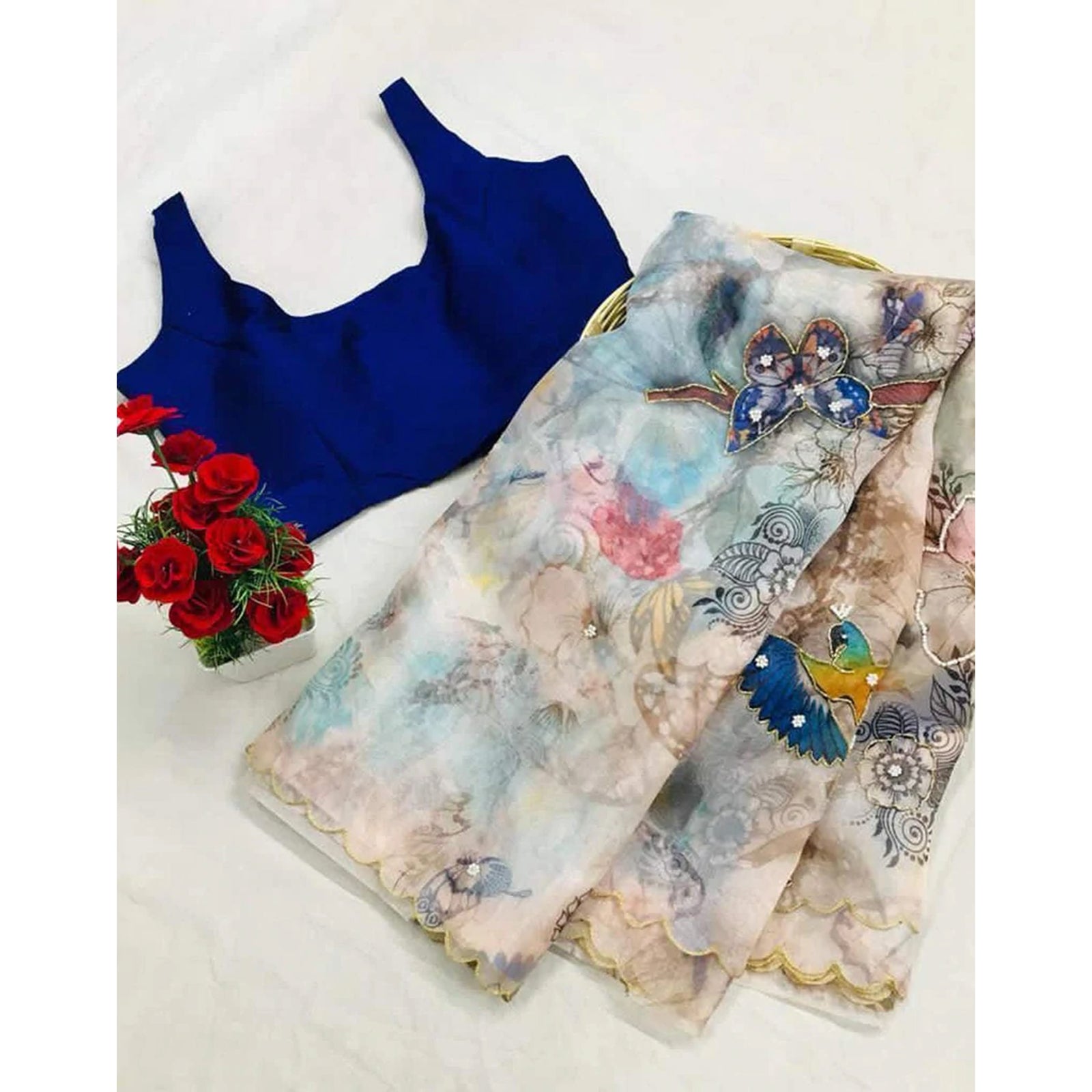 Organza Silk Digital Print Saree with Blouse for Wedding and Party ClothsVilla