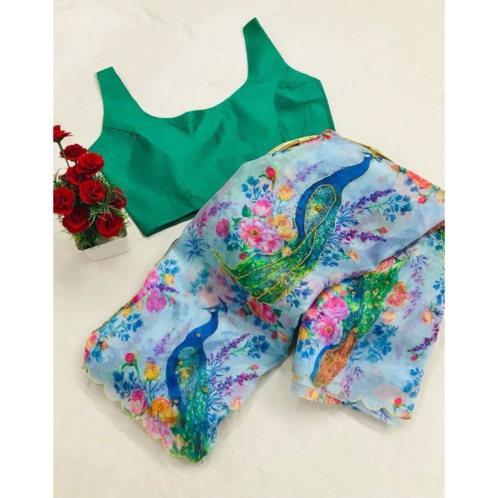 Organza Silk Digital Print Saree with Blouse for Wedding and Party ClothsVilla