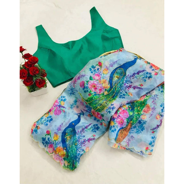 Organza Silk Digital Print Saree with Blouse for Wedding and Party ClothsVilla
