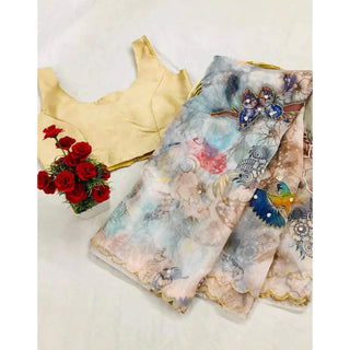 Organza Silk Digital Print Saree with Blouse for Wedding and Party ClothsVilla