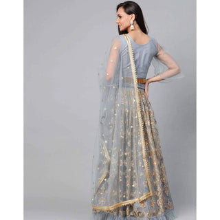 Grey color Soft Net Lehenga with Heavy Embroidery work ClothsVilla