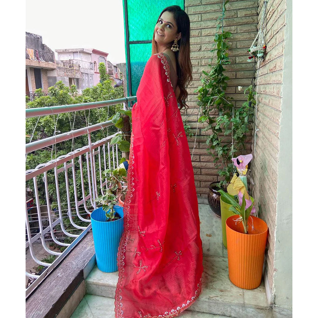 Organza Silk Red Print Saree with Embroidery Blouse for Wedding and Party ClothsVilla