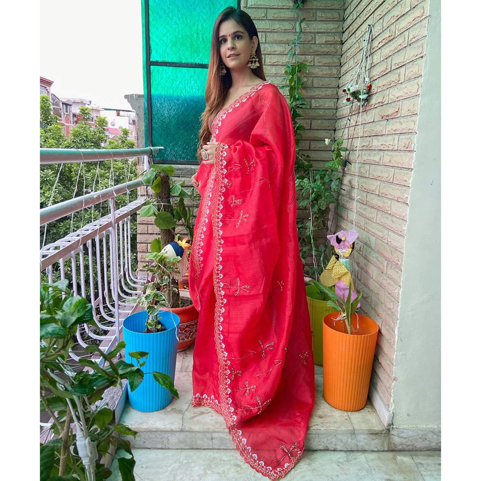 Organza Silk Red Print Saree with Embroidery Blouse for Wedding and Party ClothsVilla