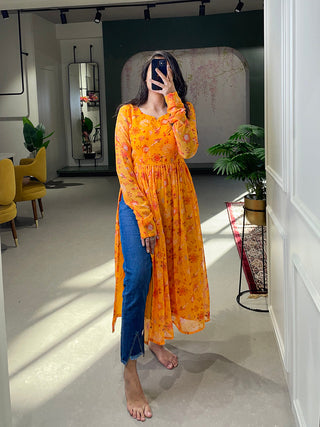Yellow Color Floral Printed Georgette Naira Cut Kurti Clothsvilla