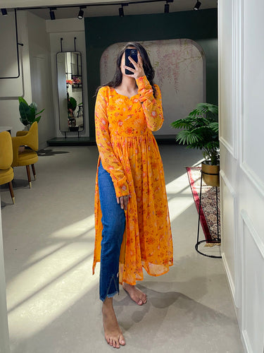 Yellow Color Floral Printed Georgette Naira Cut Kurti Clothsvilla