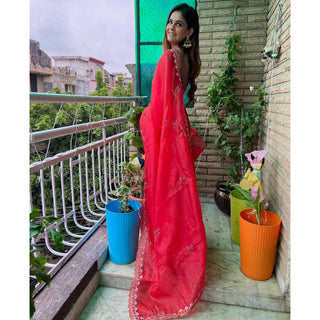Organza Silk Red Print Saree with Embroidery Blouse for Wedding and Party ClothsVilla