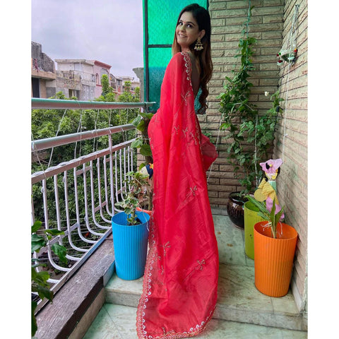Organza Silk Red Print Saree with Embroidery Blouse for Wedding and Party ClothsVilla Main image