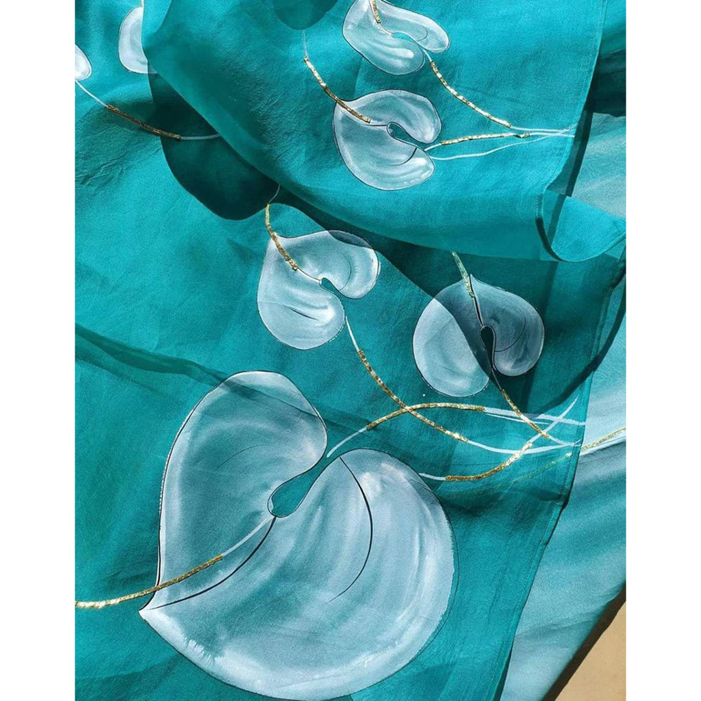 Organza Silk Saree with Beautiful Blue Aqua Digital Print Handwork and Silk Blouse for Wedding ClothsVilla