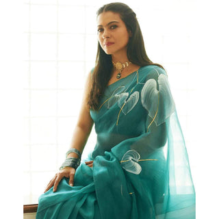 Organza Silk Saree with Beautiful Blue Aqua Digital Print Handwork and Silk Blouse for Wedding ClothsVilla