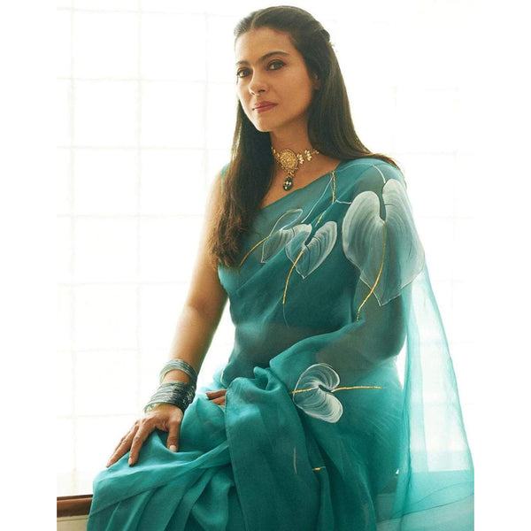 Organza Silk Saree with Beautiful Blue Aqua Digital Print Handwork and Silk Blouse for Wedding ClothsVilla