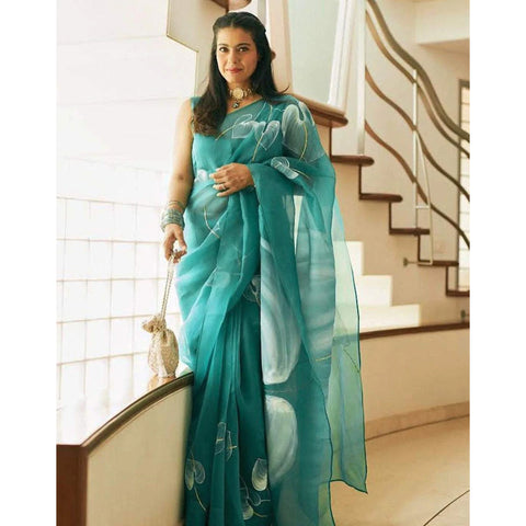 Organza Silk Saree with Beautiful Blue Aqua Digital Print Handwork and Silk Blouse for Wedding ClothsVilla Main image