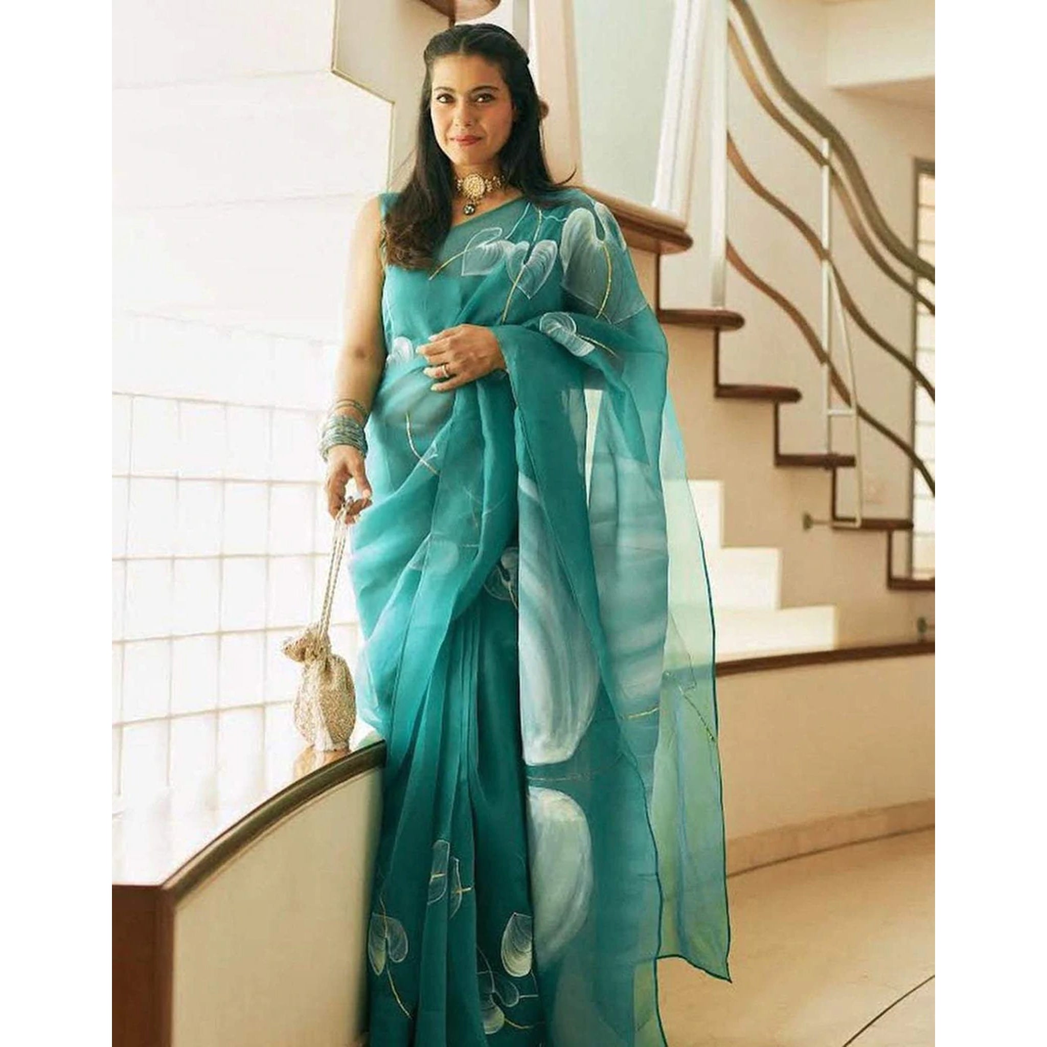 Organza Silk Saree with Beautiful Blue Aqua Digital Print Handwork and Silk Blouse for Wedding ClothsVilla