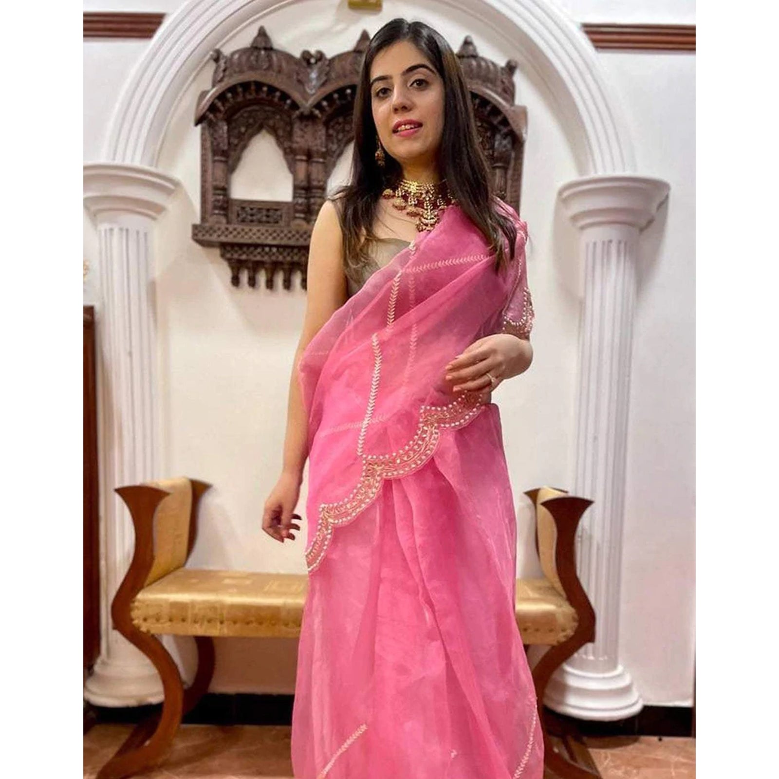 Organza Silk Saree with Beautiful Embroidery Work and Sequence Pearl Silk Blouse for Wedding ClothsVilla