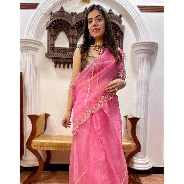 Organza Silk Saree with Beautiful Embroidery Work and Sequence Pearl Silk Blouse for Wedding ClothsVilla