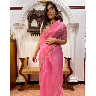 Organza Silk Saree with Beautiful Embroidery Work and Sequence Pearl Silk Blouse for Wedding ClothsVilla