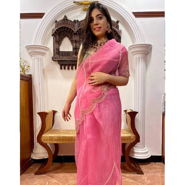Organza Silk Saree with Beautiful Embroidery Work and Sequence Pearl Silk Blouse for Wedding ClothsVilla