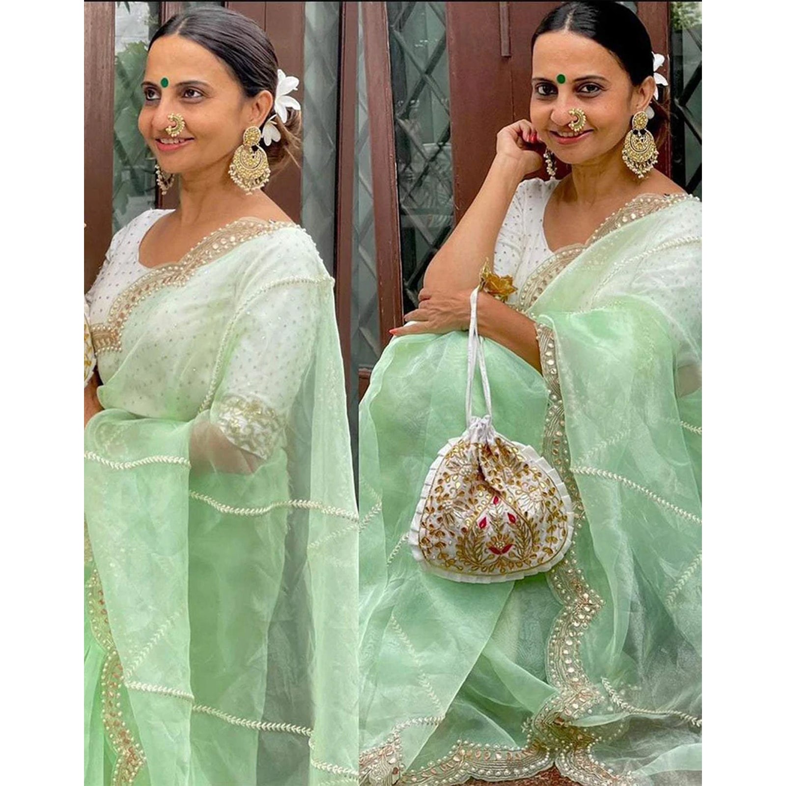 Organza Silk Saree with Beautiful Embroidery Work and Sequence Pearl Silk Blouse for Wedding ClothsVilla