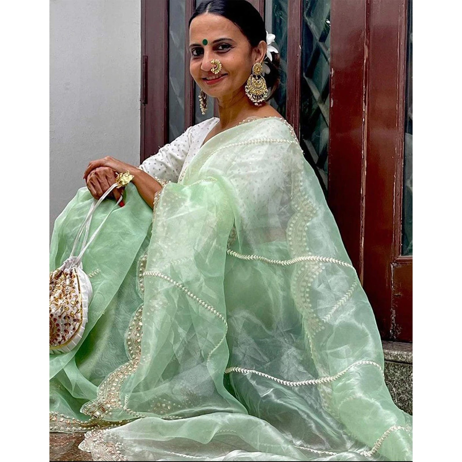 Organza Silk Saree with Beautiful Embroidery Work and Sequence Pearl Silk Blouse for Wedding ClothsVilla