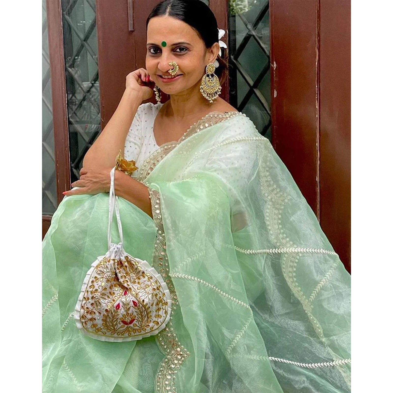 Organza Silk Saree with Beautiful Embroidery Work and Sequence Pearl Silk Blouse for Wedding ClothsVilla