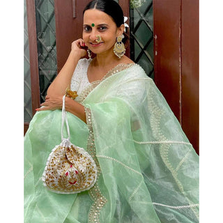 Organza Silk Saree with Beautiful Embroidery Work and Sequence Pearl Silk Blouse for Wedding ClothsVilla