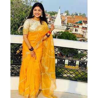 Organza Silk Saree with Beautiful Embroidery Work and Sequence Pearl Silk Blouse for Wedding ClothsVilla