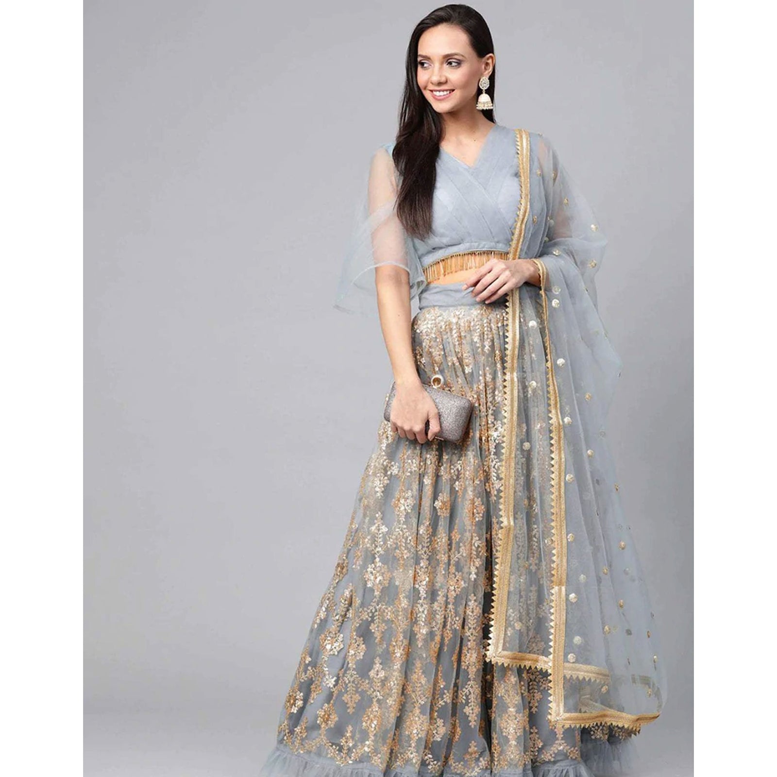 Grey color Soft Net Lehenga with Heavy Embroidery work ClothsVilla