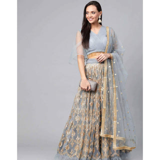 Grey color Soft Net Lehenga with Heavy Embroidery work ClothsVilla