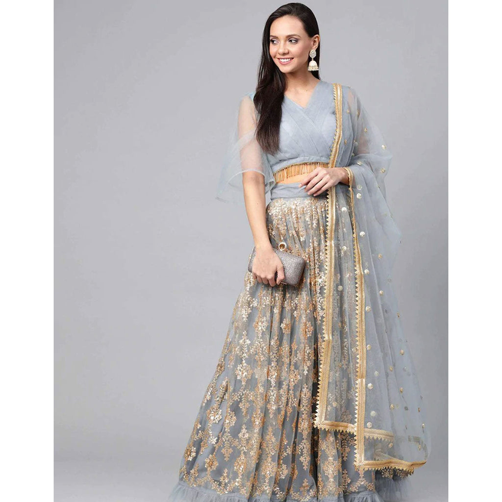 Grey color Soft Net Lehenga with Heavy Embroidery work ClothsVilla