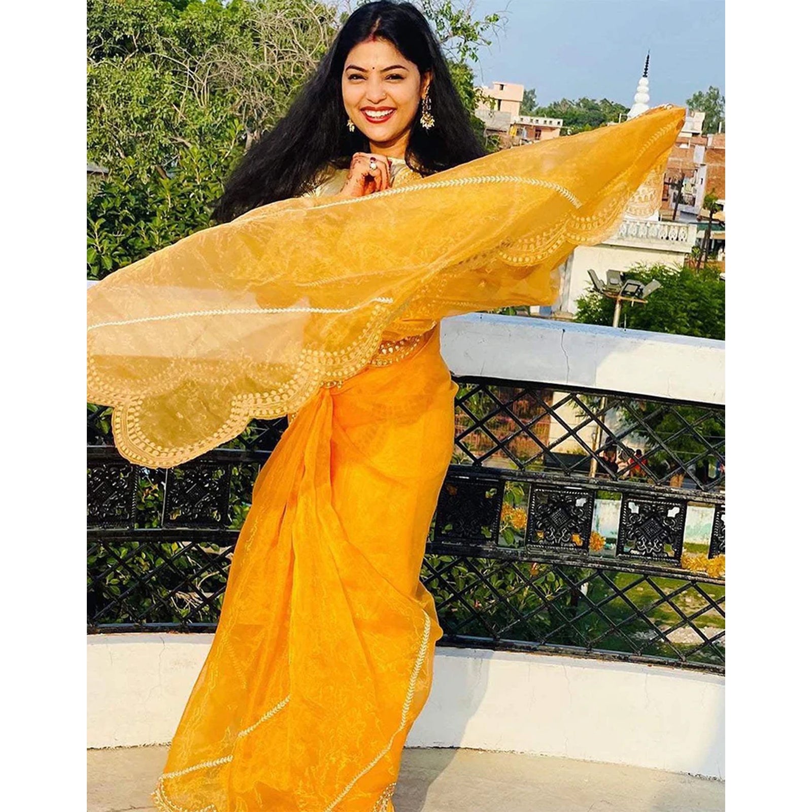 Organza Silk Saree with Beautiful Embroidery Work and Sequence Pearl Silk Blouse for Wedding ClothsVilla