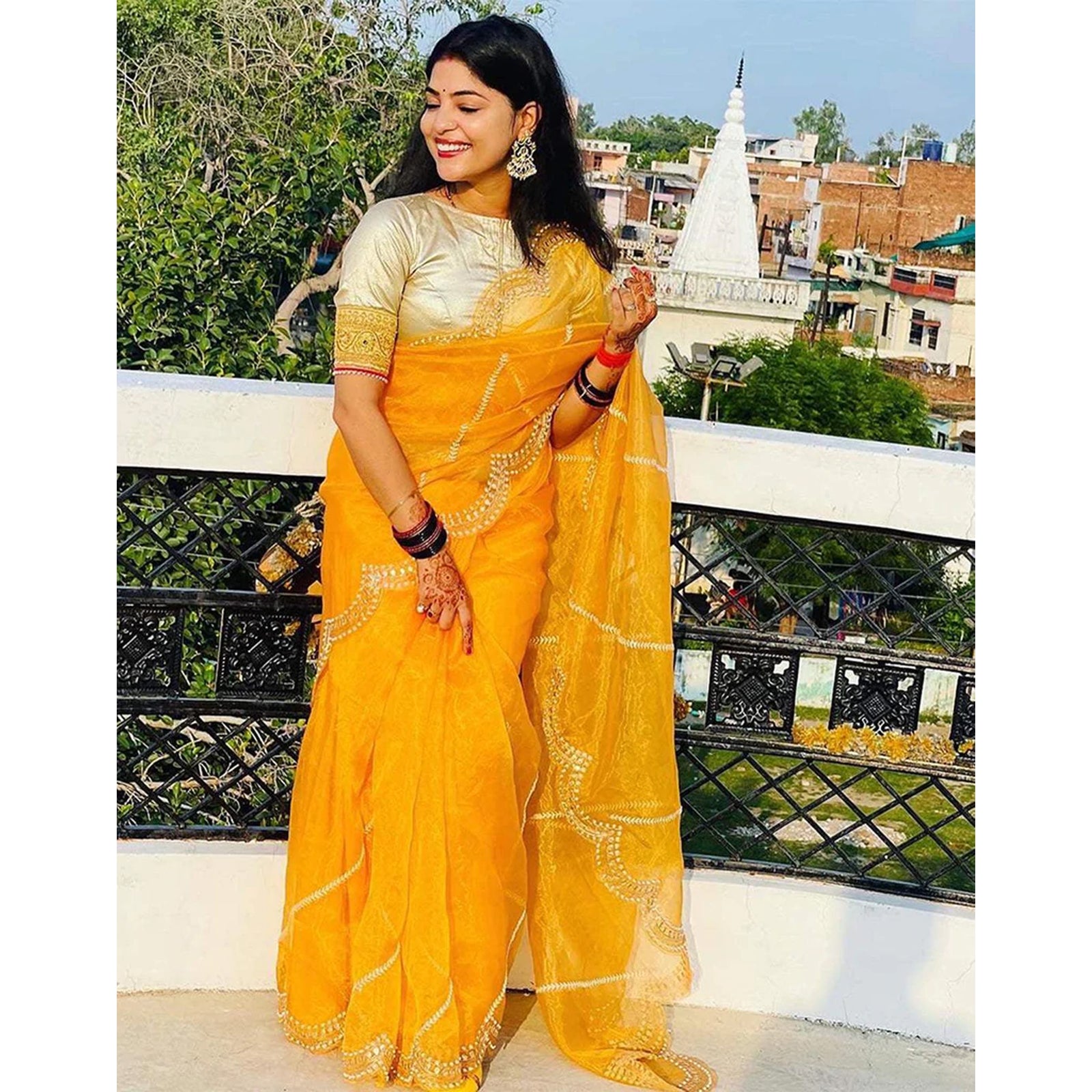Organza Silk Saree with Beautiful Embroidery Work and Sequence Pearl Silk Blouse for Wedding ClothsVilla