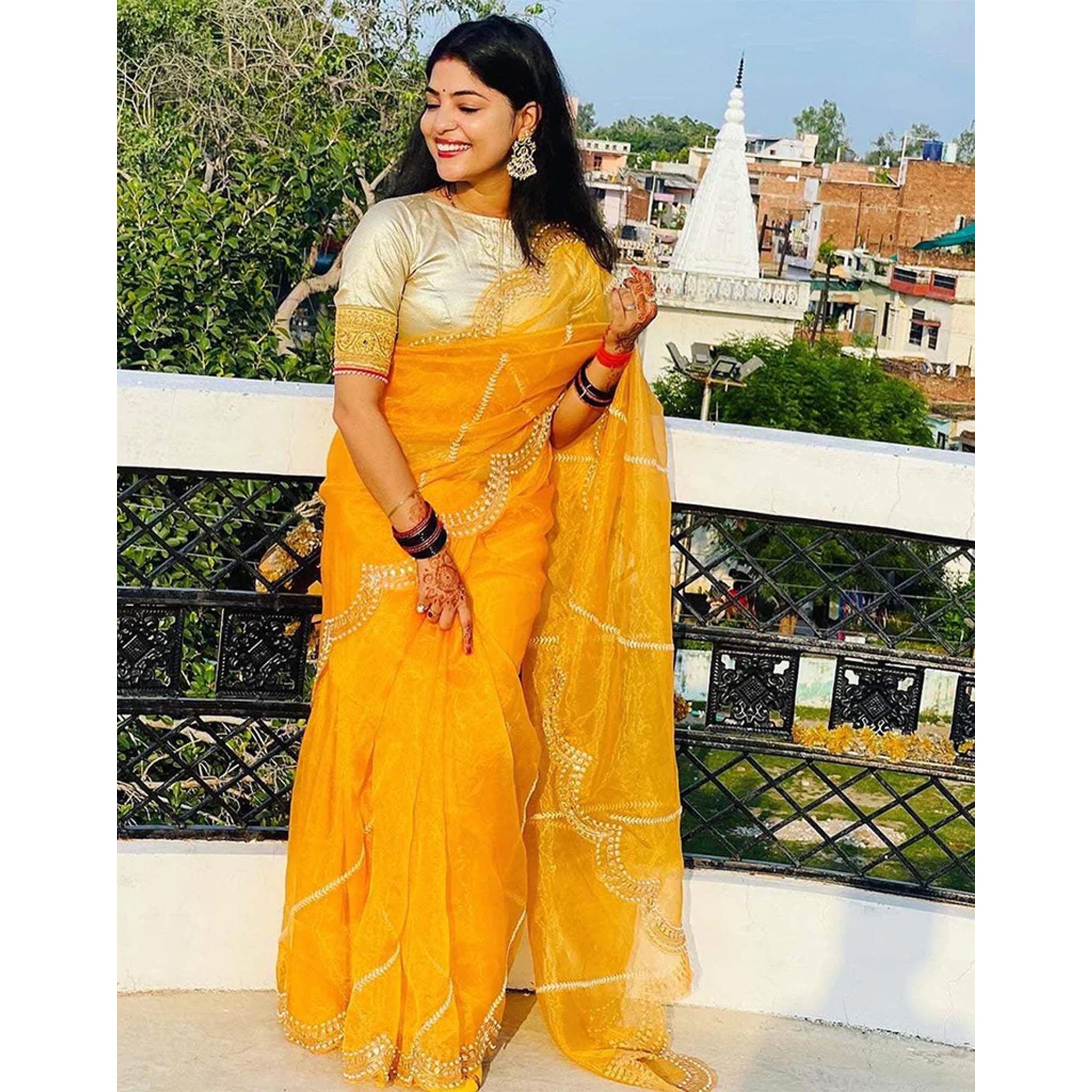 Organza Silk Saree with Beautiful Embroidery Work and Sequence Pearl Silk Blouse for Wedding ClothsVilla