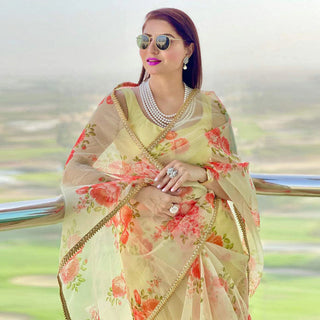Organza Silk Saree with Beautiful Floral Digital Print and Silk Blouse for Wedding ClothsVilla