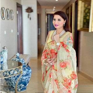Organza Silk Saree with Beautiful Floral Digital Print and Silk Blouse for Wedding ClothsVilla