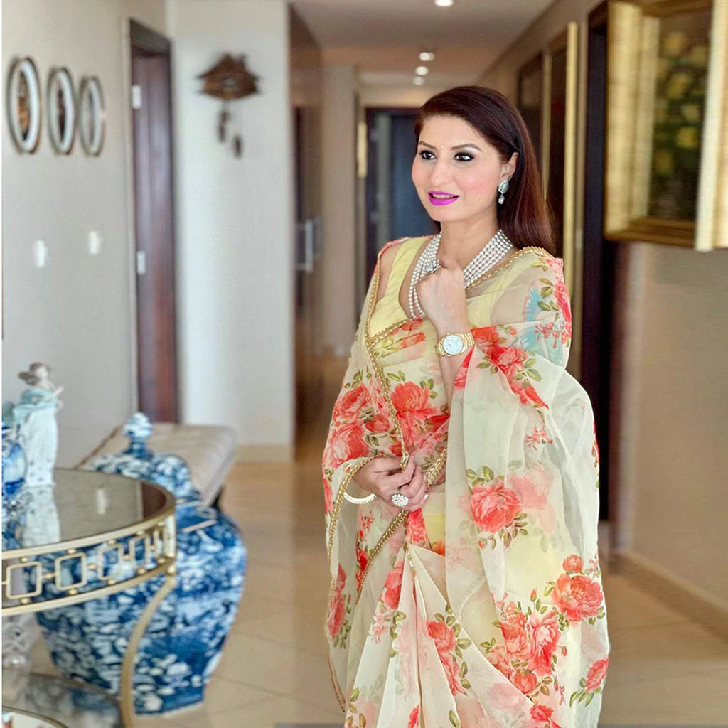 Organza Silk Saree with Beautiful Floral Digital Print and Silk Blouse for Wedding ClothsVilla