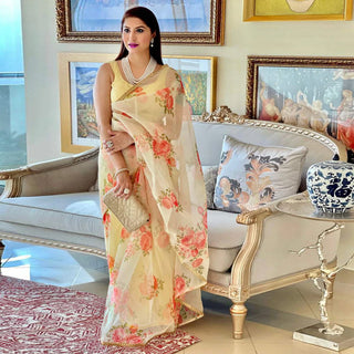 Organza Silk Saree with Beautiful Floral Digital Print and Silk Blouse for Wedding ClothsVilla