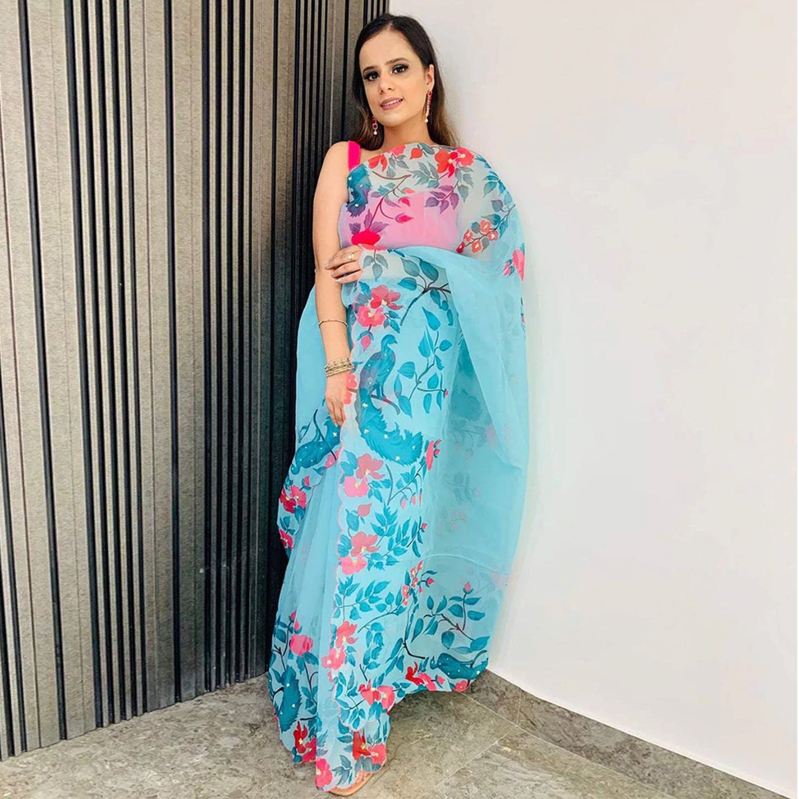Organza Silk Saree with Beautiful Floral Digital Print Handwork and Pink Silk Blouse for Wedding ClothsVilla