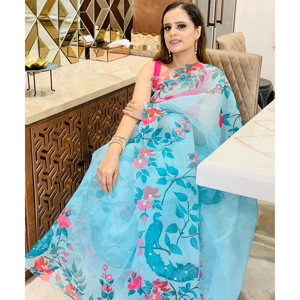 Organza Silk Saree with Beautiful Floral Digital Print Handwork and Pink Silk Blouse for Wedding ClothsVilla