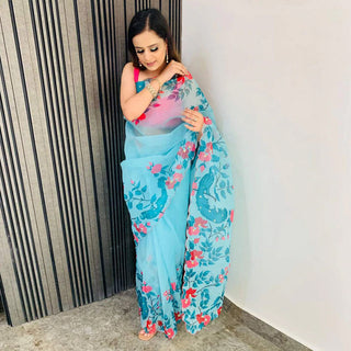 Organza Silk Saree with Beautiful Floral Digital Print Handwork and Pink Silk Blouse for Wedding ClothsVilla