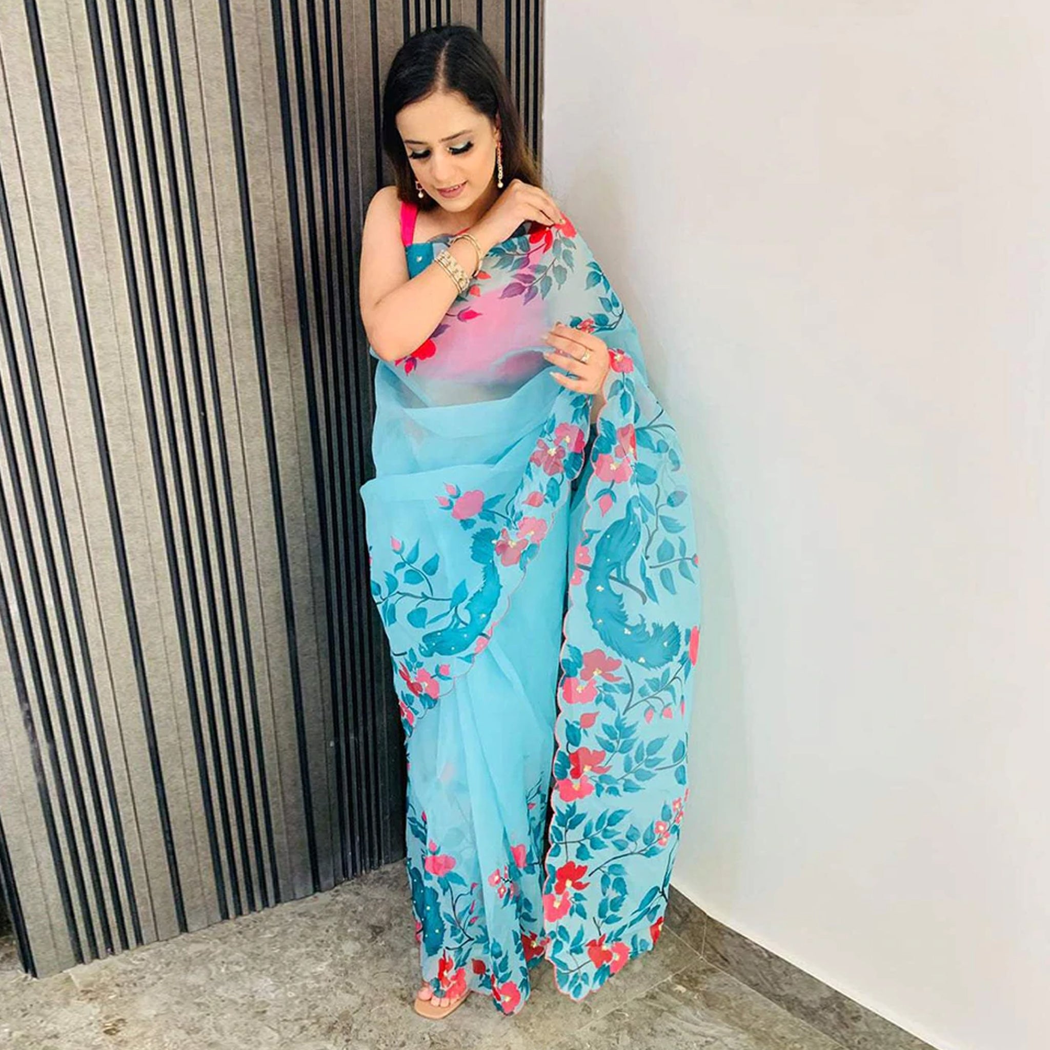 Organza Silk Saree with Beautiful Floral Digital Print Handwork and Pink Silk Blouse for Wedding ClothsVilla
