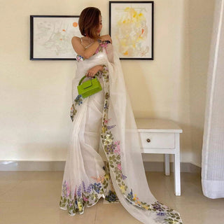 Organza Silk Saree with Beautiful Floral Handprint Touch ups with Kardana and Silk Blouse for Wedding ClothsVilla