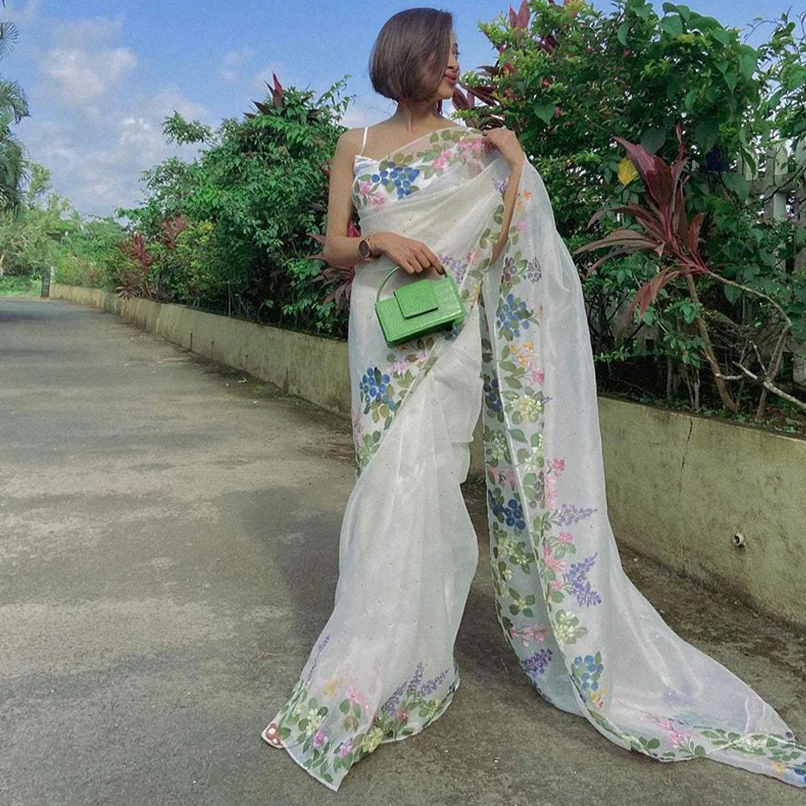 Organza Silk Saree with Beautiful Floral Handprint Touch ups with Kardana and Silk Blouse for Wedding ClothsVilla