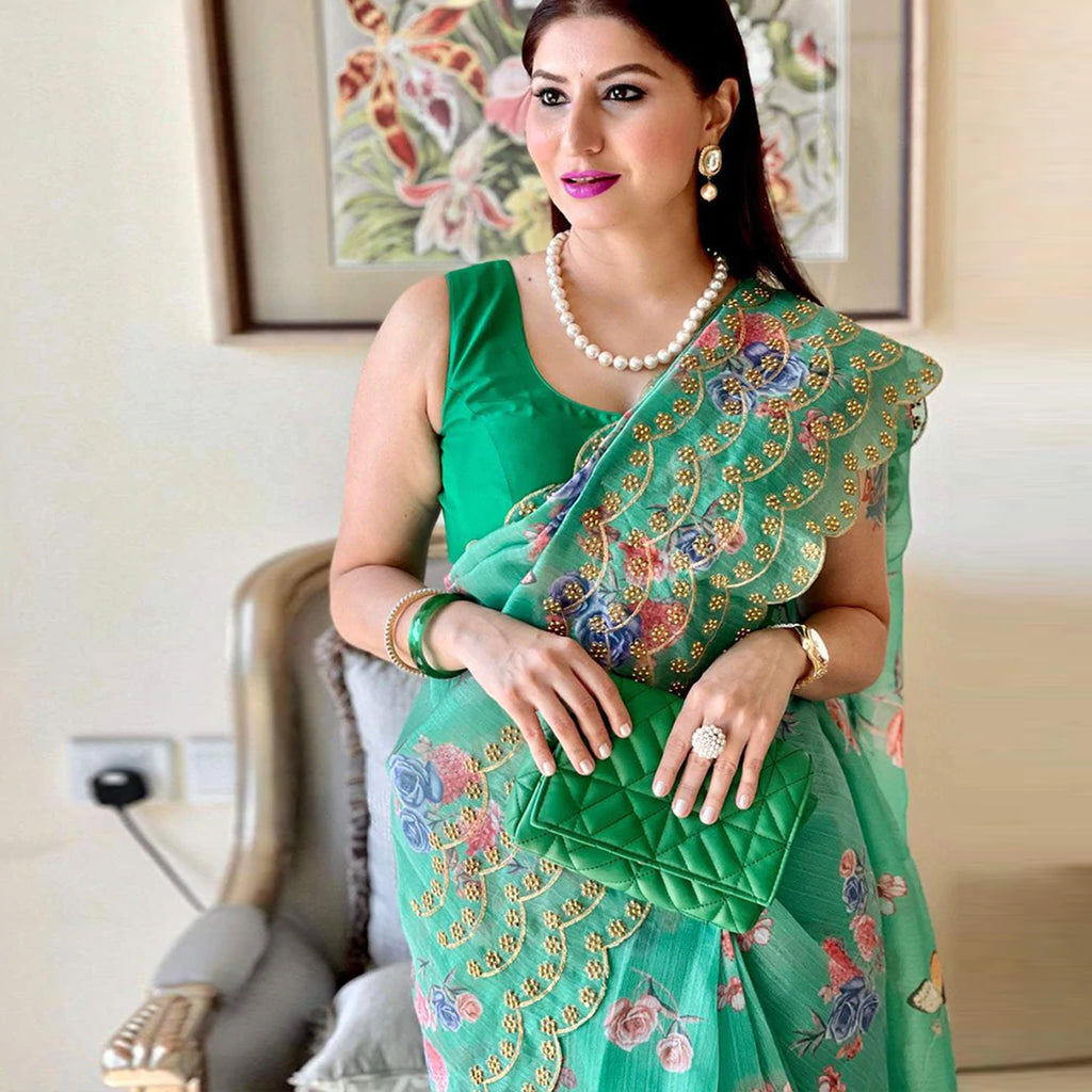 Organza Silk Saree with Beautiful Green Floral Digital Print and Silk Blouse for Wedding ClothsVilla