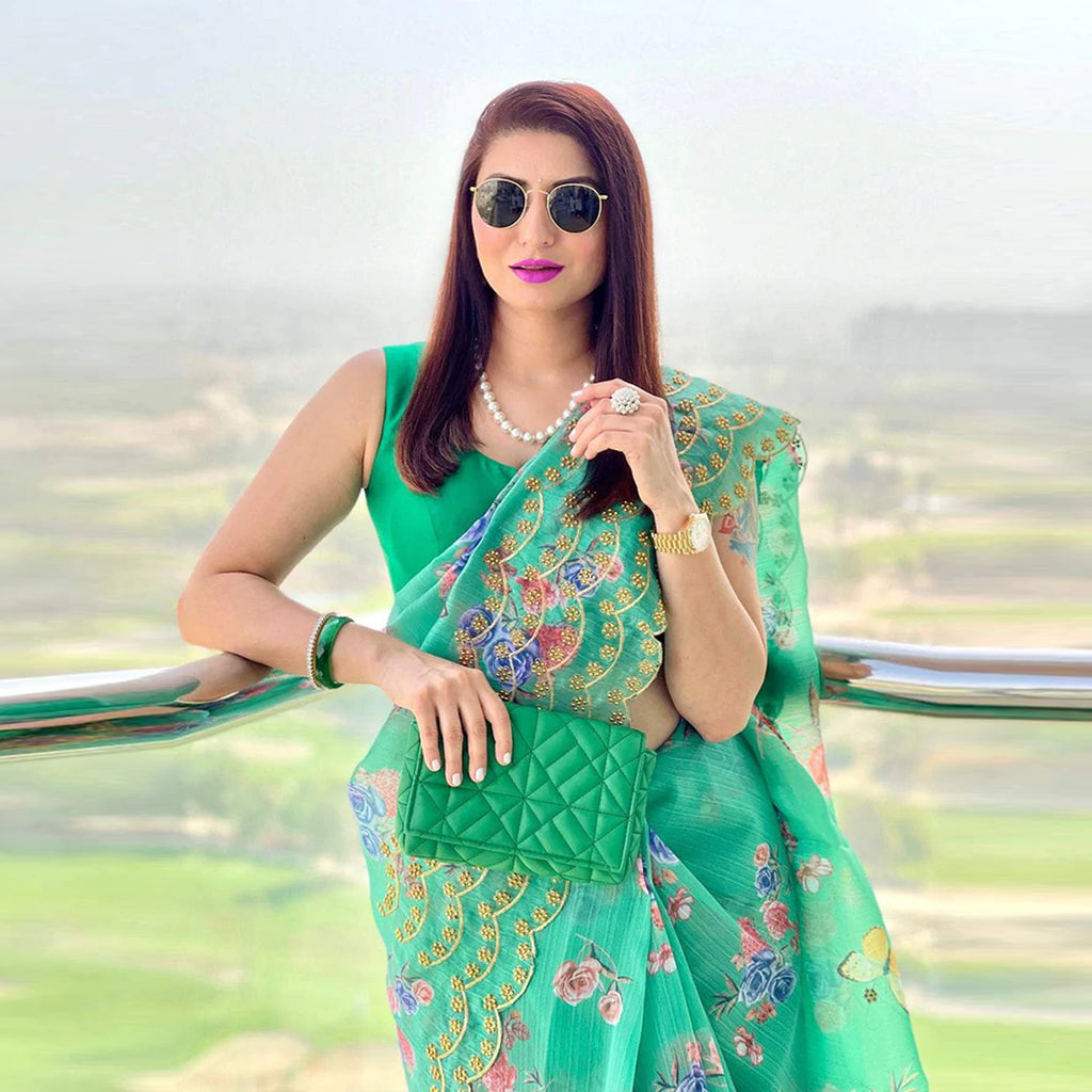 Organza Silk Saree with Beautiful Green Floral Digital Print and Silk Blouse for Wedding ClothsVilla