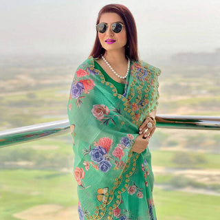Organza Silk Saree with Beautiful Green Floral Digital Print and Silk Blouse for Wedding ClothsVilla