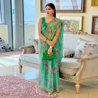 Organza Silk Saree with Beautiful Green Floral Digital Print and Silk Blouse for Wedding ClothsVilla