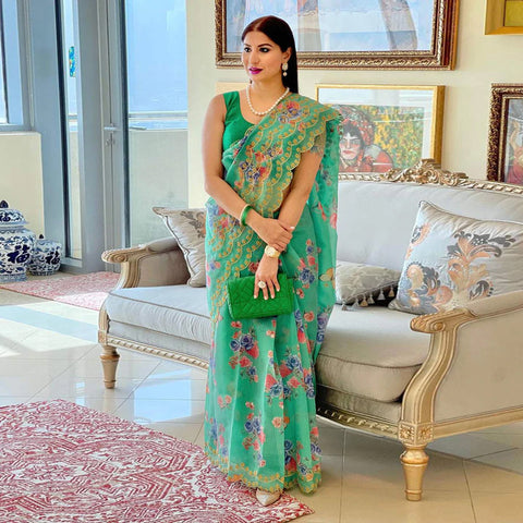 Organza Silk Saree with Beautiful Green Floral Digital Print and Silk Blouse for Wedding ClothsVilla Main image
