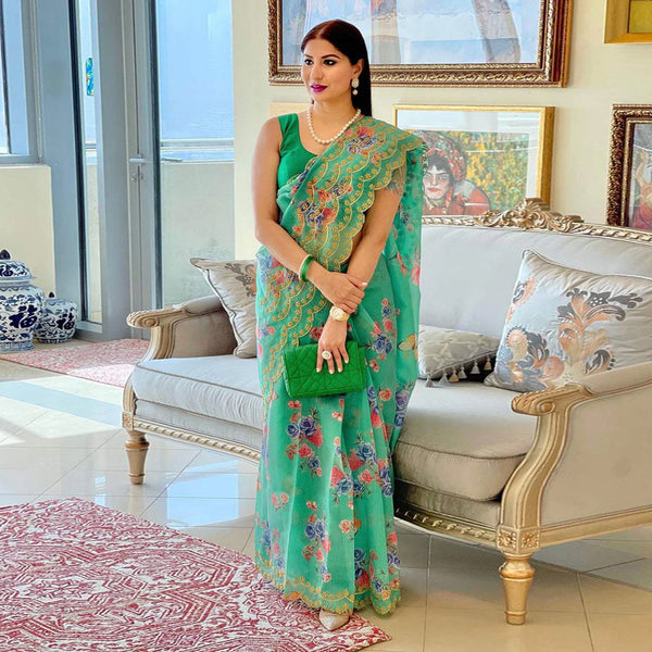 Organza Silk Saree with Beautiful Green Floral Digital Print and Silk Blouse for Wedding ClothsVilla